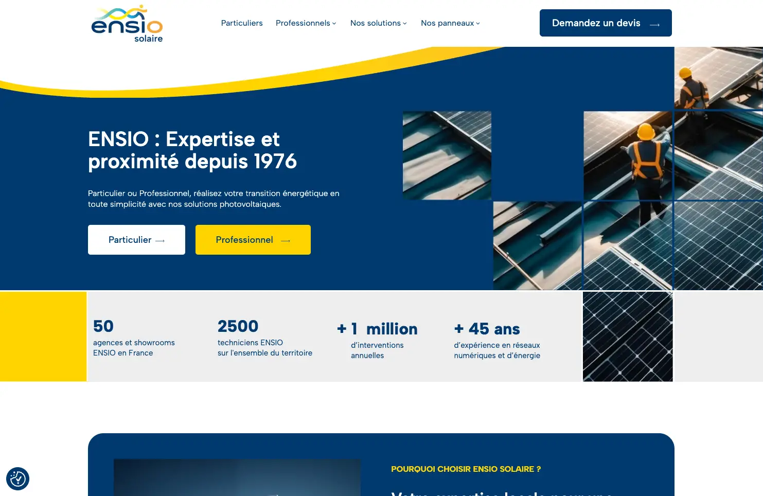 Page d'accueil du site internet d'Ensio Solaire réalisé par Xplore Marketing